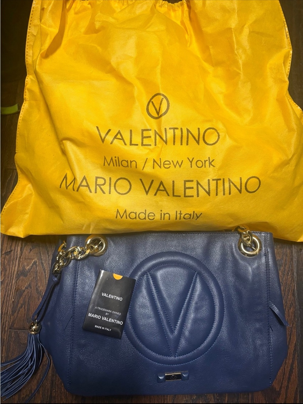 Valentino Navy Leather Shoulder Bag with Gold Chain and Tassel